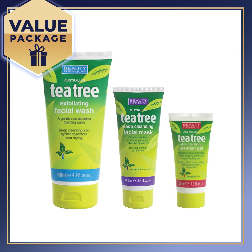 Beauty Formulas Tea Tree Exfoliating Facial Wash 150ml + Deep Cleansing Facial Mask 100ml + Skin Clarifying Blemish Gel 30ml