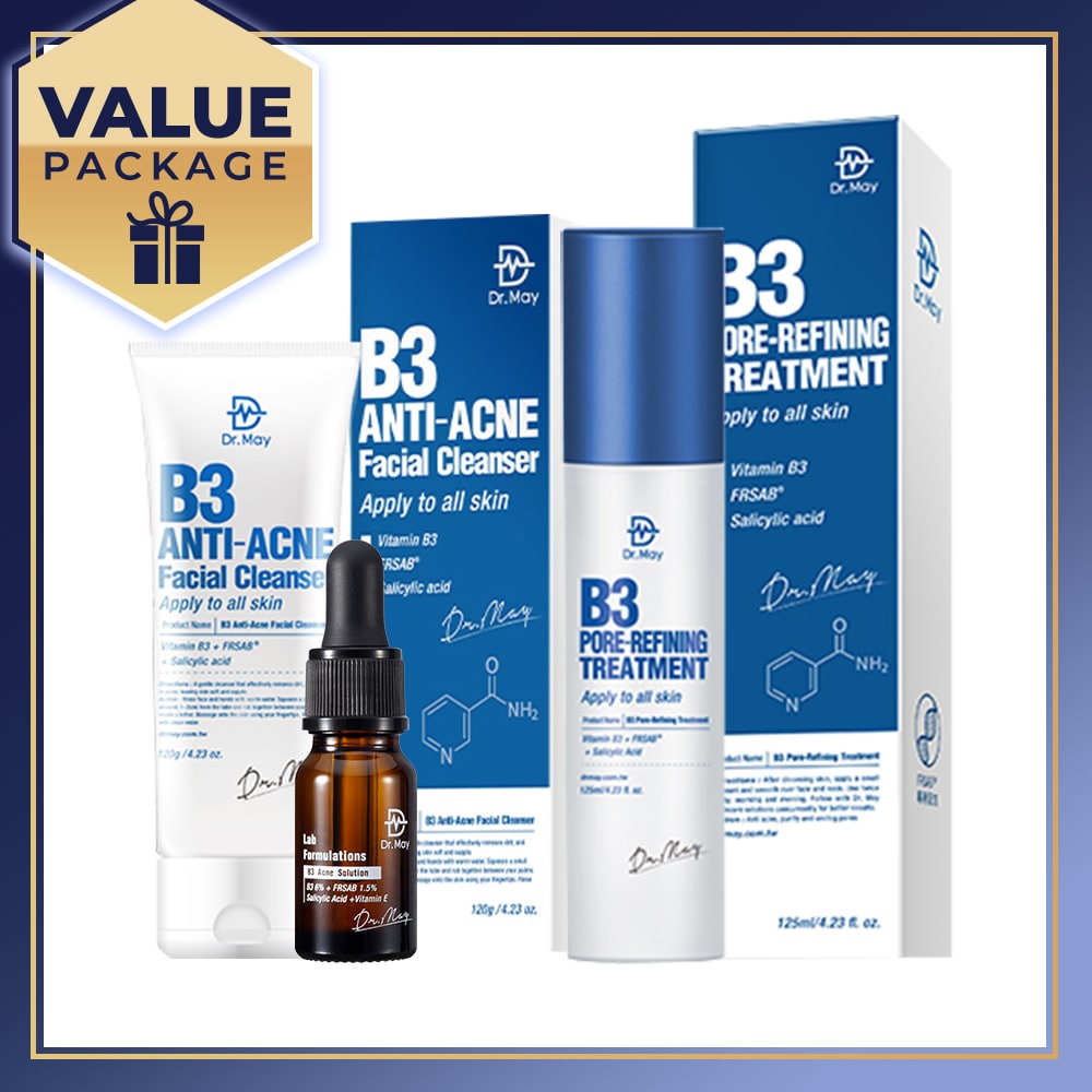 Dr May B3 Pore-Refining Treatment 125ml + Anti-Acne Facial Cleanser 120ml + Acne Solution Serum 10ml