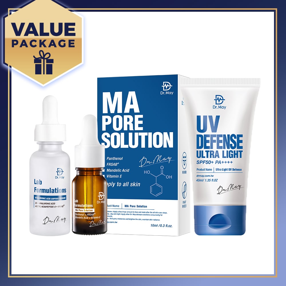 Dr May MA Pore Solution Smart Mandelic Acid Rejuvenating Essence 10ml + B5 Ampoule Serum 30ml + Ultra Light UV Defense SPF50+ PA++++ 40ml
